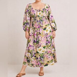 NWT H&M midi dress Balloon Sleeve Purple Green Floral Smocked | Plus Sz 4XL